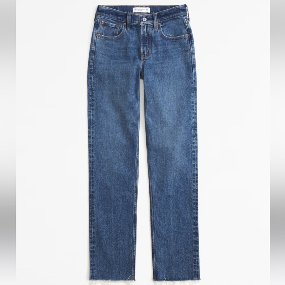 Abercrombie & Fitch Mid Rise 90s Straight Jeans Raw Hem Medium Wash-29 Short